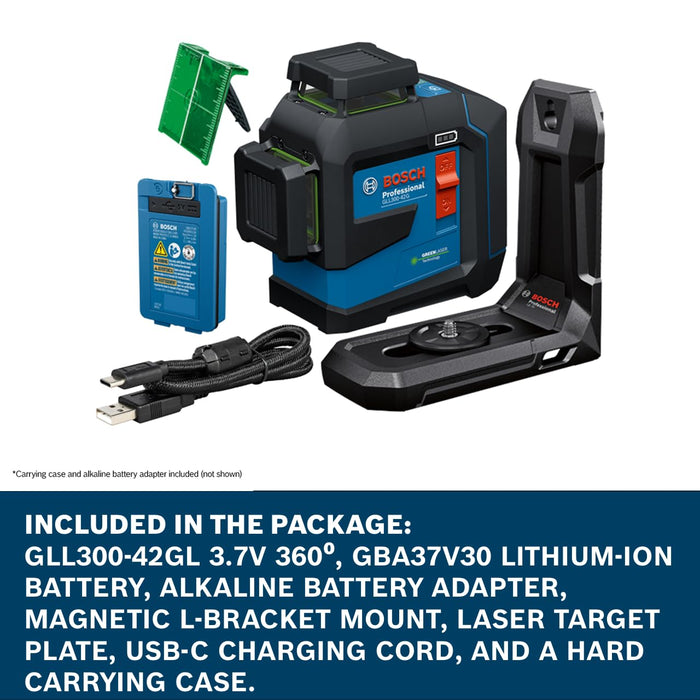 Bosch GLL300-42GL 360º Green-Beam Three-Plane Leveling and Alignment Laser, Self-Leveling, Li-Ion Battery, USB-C Charging, IP65 Rated, 100 Ft. Range