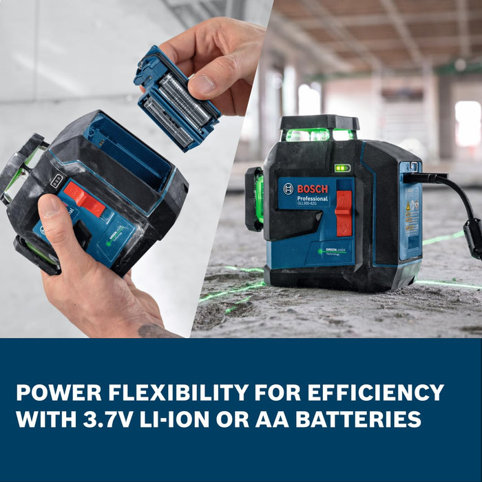 Bosch GLL300-42GL 360º Green-Beam Three-Plane Leveling and Alignment Laser, Self-Leveling, Li-Ion Battery, USB-C Charging, IP65 Rated, 100 Ft. Range