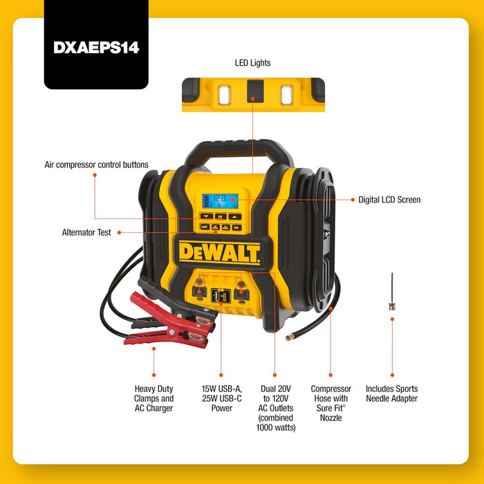 DEWALT DXAEPS14-Type2 2000 Peak Battery Amp 12V Automotive Battery Booster Jump Starter/Power Station with 120 PSI Compressor, 500W AC Power Inverter, and 15W USBa & 25W USB Ports 2000 Amp