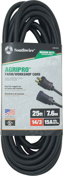 Southwire AGRIPRO Medium Duty Extension Cord, 25Ft, 14 Gauge, 3 Conductor, Farm/Workshop Cord SJTOW, Black - 64815701