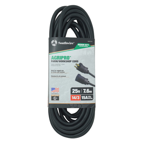 Southwire AGRIPRO Medium Duty Extension Cord, 25Ft, 14 Gauge, 3 Conductor, Farm/Workshop Cord SJTOW, Black - 64815701