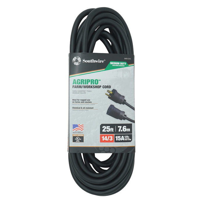 Southwire AGRIPRO Medium Duty Extension Cord, 25Ft, 14 Gauge, 3 Conductor, Farm/Workshop Cord SJTOW, Black - 64815701