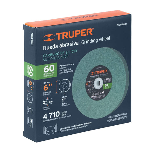 Truper 6" Silicon 16407 Carbide Bench Grinding Wheels. Grit=60, Thickness=1", Drill=1". 1 Pack