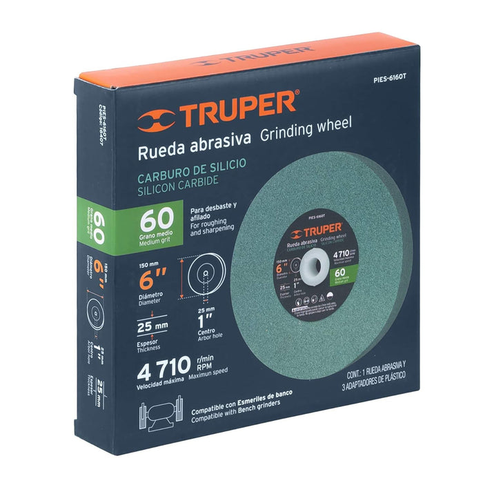 Truper 6" Silicon 16407 Carbide Bench Grinding Wheels. Grit=60, Thickness=1", Drill=1". 1 Pack
