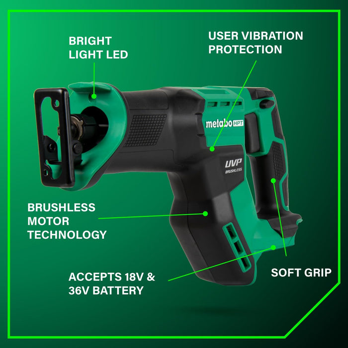 Metabo HPT 18V MultiVolt Cordless Compact Reciprocating Saw, Top Class Cutting Speed, 20% More Compact, 1-1/8" Stroke Length, 3,000 SPMs, Up to 125 Cuts Per Charge, Tool Body Only, CR18DMAQ4