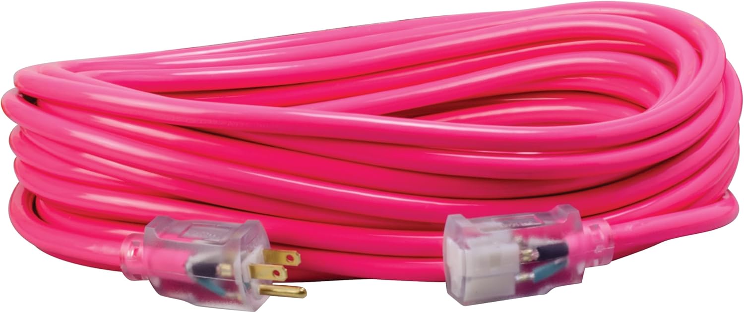 Southwire Heavy Duty Extension Cord, 50Ft, 12 Gauge, 3 Conductor, High Visibility Outdoor Cord, Lighted End, SJTW, Cool Pink - 2578SW000A