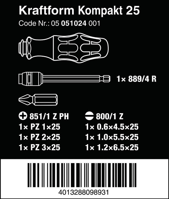 Wera Tools (5051024001) Kraftform Kompakt 25 Replacement Type Driver Bit Set, Pouch Set
