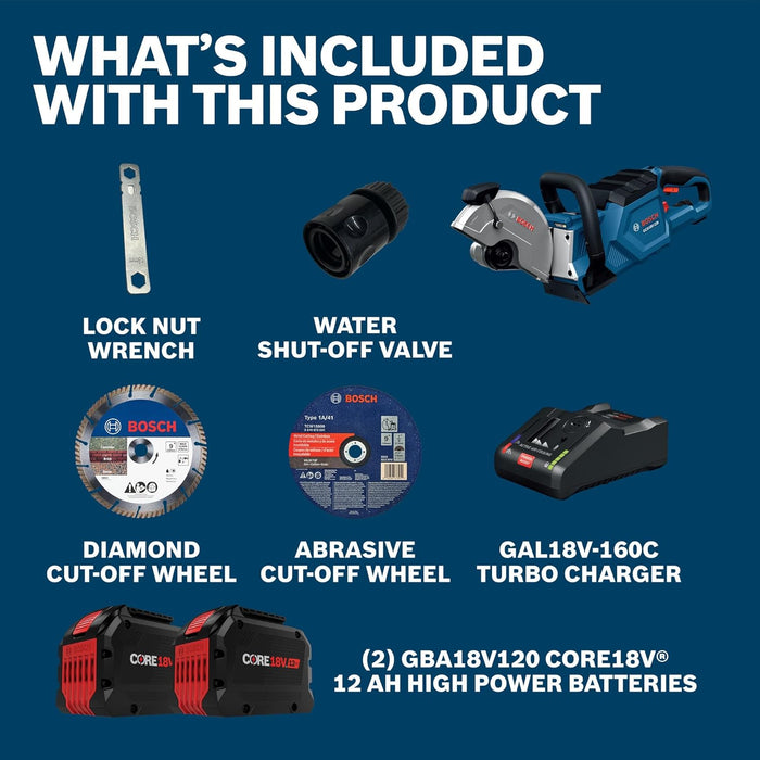 BOSCH GCS18V-230N212 18V Brushless Cordless 9-Inch Cutoff Saw for Concrete & Metal Cutting | Lightweight Ergonomic Design, 6-Position Cutting Guard, Kit with (2) CORE18V 12 Ah Batteries