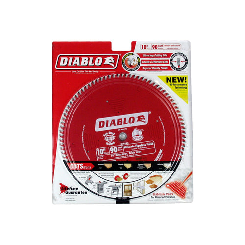 Diablo Ultimate Polished Finish Saw Blade for Wood - 10" Diameter, 90 ASFG Teeth, 5/8" Arbor, .087" Kerf, 10° Hook Angle, .063" Plate, 6000 Max RPM - D1090X