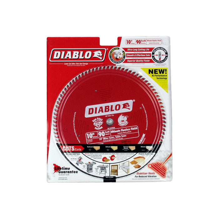 Diablo Ultimate Polished Finish Saw Blade for Wood - 10" Diameter, 90 ASFG Teeth, 5/8" Arbor, .087" Kerf, 10° Hook Angle, .063" Plate, 6000 Max RPM - D1090X