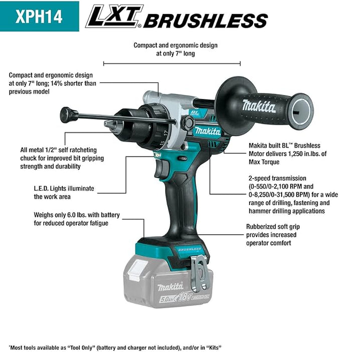 Makita XT297T 18V LXT Brushless 2 Pc. Combo Kit, XPH14Z, XDT20Z, bag (5.0Ah) & FREE Makita T-90037