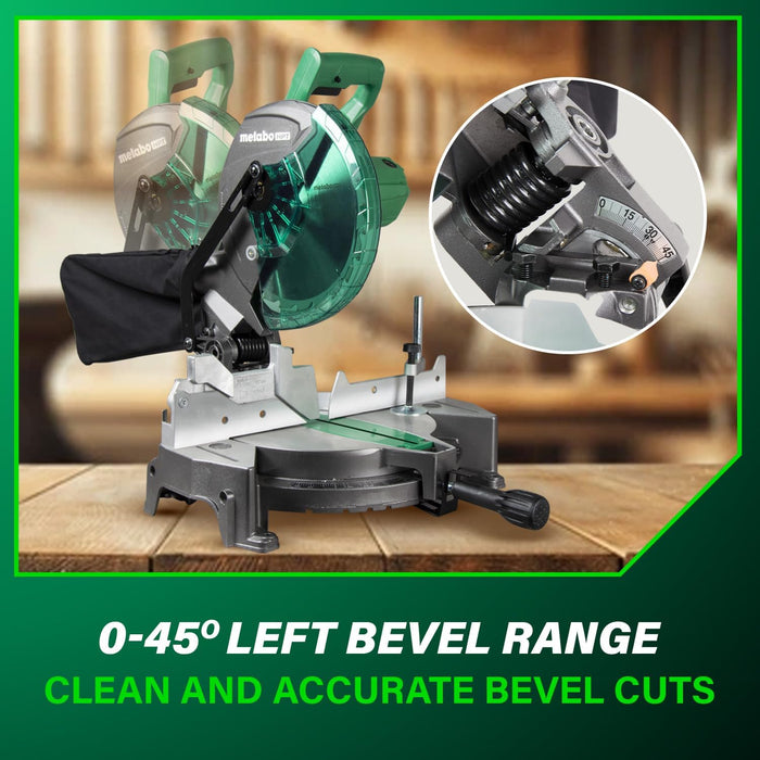 Metabo HPT 10-Inch Compound Miter Saw, 15-Amp Power Saw with Large 10-Inch Table, Precision Miter Angles, Single Bevel 0-45°, 24T TCT Blade, Positive Stops, Lightweight Design, C10FCGS