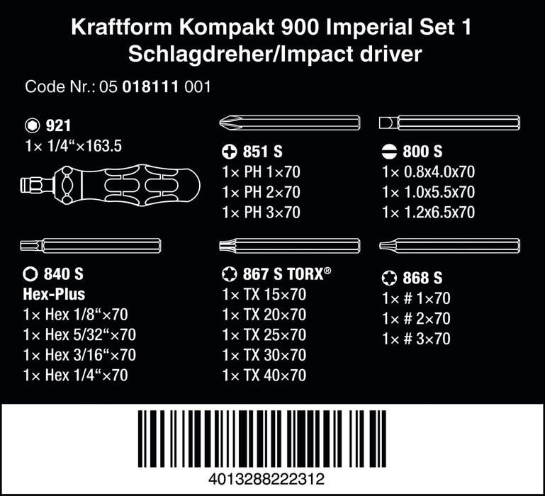 Wera Tools (05018111001) Kraftform Kompakt 900 Imperial Set 1, Impact Screwdriver Set, 19 Pieces