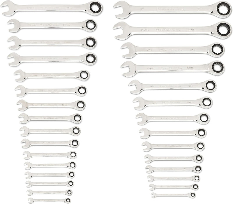 GEARWRENCH 30 Piece 12 Point Ratcheting Combination SAE/Metric (1/4-1 in., 8-24 mm) Wrench Set with Wrench Racks - 86702