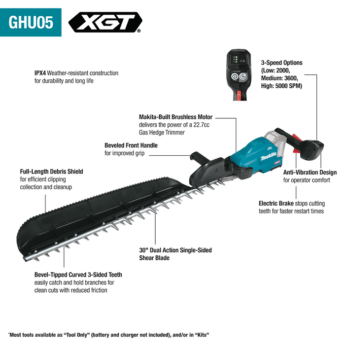 Makita (GHU05M1) 40V Max XGT Brushless Cordless 30" Single‑Sided Hedge Trimmer Kit (4.0Ah)