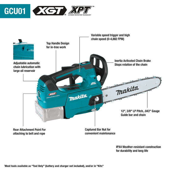 Makita (GCU01M1) 40V MAX XGT Brushless Cordless 12 In. Top Handle Chain Saw Kit