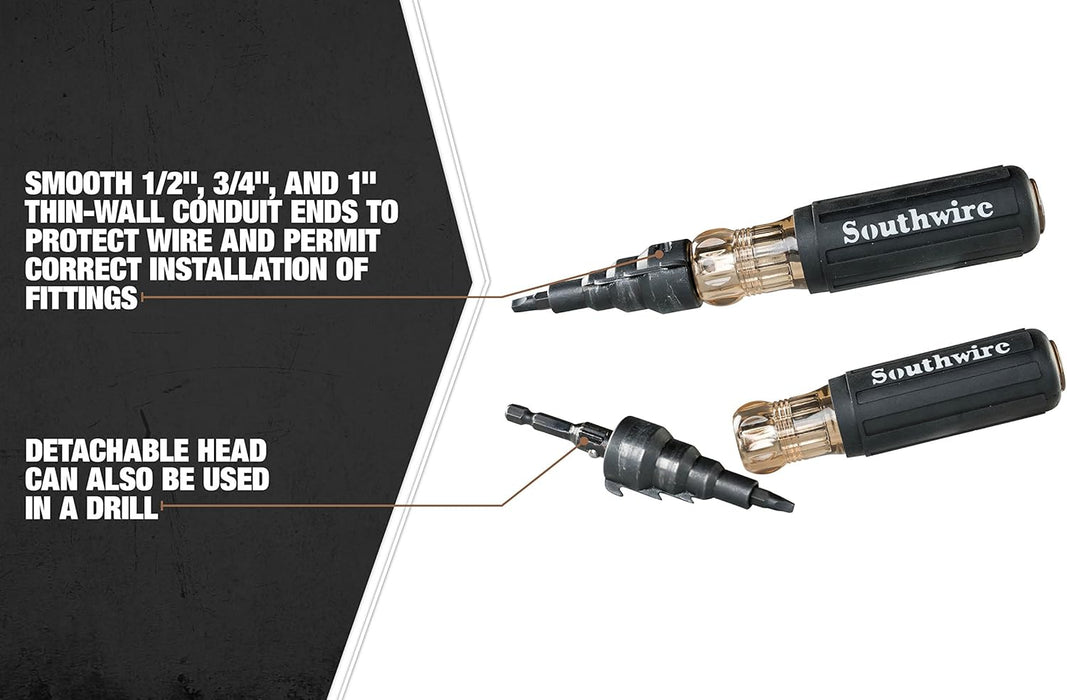 Southwire SDCFR Conduit Fitting Reaming Screwdriver; Heavy Duty; Dual Function; Multi Use Detachable Head; Compatible with Drill; Cushion Grip Handles for Comfort
