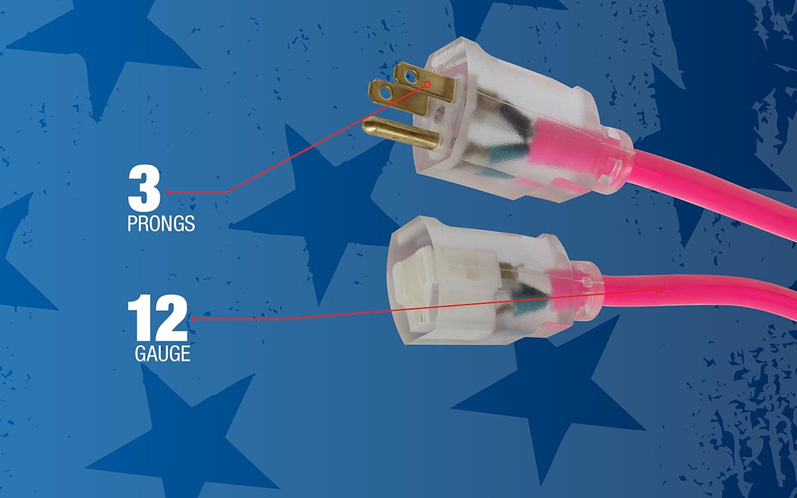 Southwire Heavy Duty Extension Cord, 50Ft, 12 Gauge, 3 Conductor, High Visibility Outdoor Cord, Lighted End, SJTW, Cool Pink - 2578SW000A