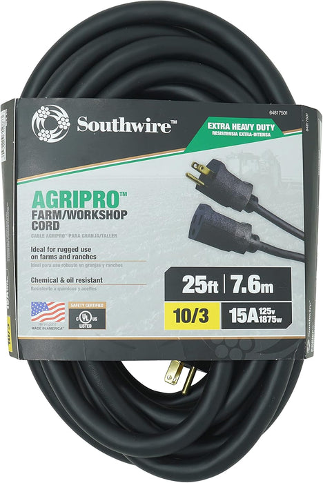 Southwire AGRIPRO 10/3 Extra Heavy Duty Extension Cord, 25ft, Farm/Workshop Cord, SJTOW, Black, 64817501 Black 10/3 Gauge
