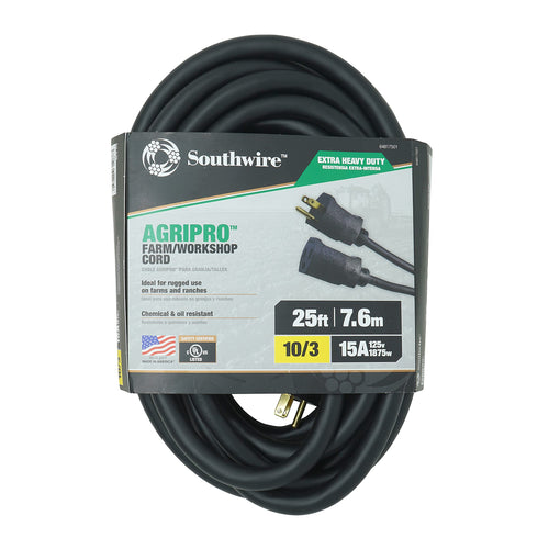 Southwire AGRIPRO 10/3 Extra Heavy Duty Extension Cord, 25ft, Farm/Workshop Cord, SJTOW, Black, 64817501 Black 10/3 Gauge