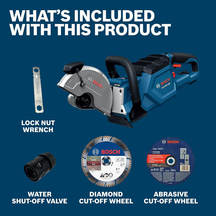 BOSCH GCS18V-230N 18V Brushless Cordless 9-Inch Cutoff Saw for Concrete & Metal Cutting | Lightweight Ergonomic Design, 6-Position Cutting Guard, Water Shut-Off Valve, Easy Wheel Change (Bare Tool)