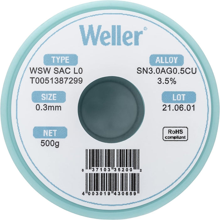 Weller WSW SAC L0 Lead Free Solder Wire, 0.3 mm / 0.012 in Diameter, 500 g / 17.637 oz Weight, Sn96.5Ag3.0Cu0.5 Alloy, 3.5% Flux Content - T0051387299