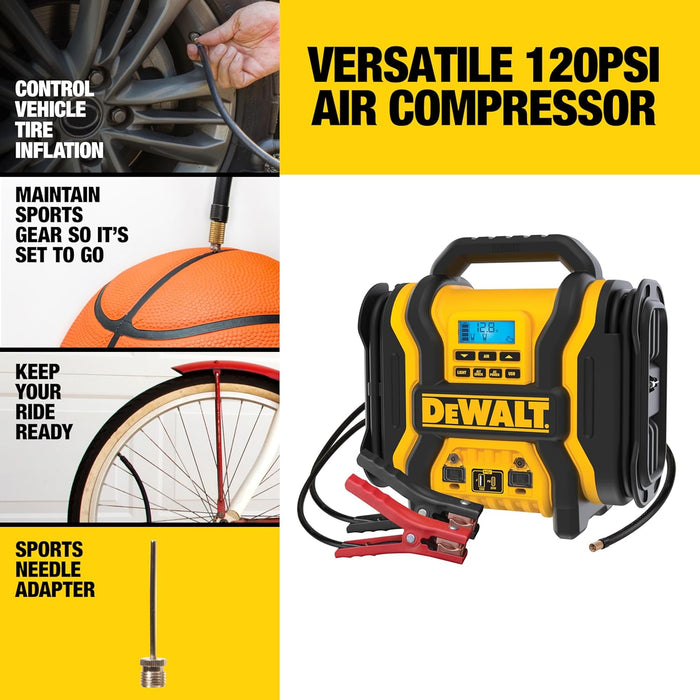 DEWALT DXAEPS14-Type2 2000 Peak Battery Amp 12V Automotive Battery Booster Jump Starter/Power Station with 120 PSI Compressor, 500W AC Power Inverter, and 15W USBa & 25W USB Ports 2000 Amp