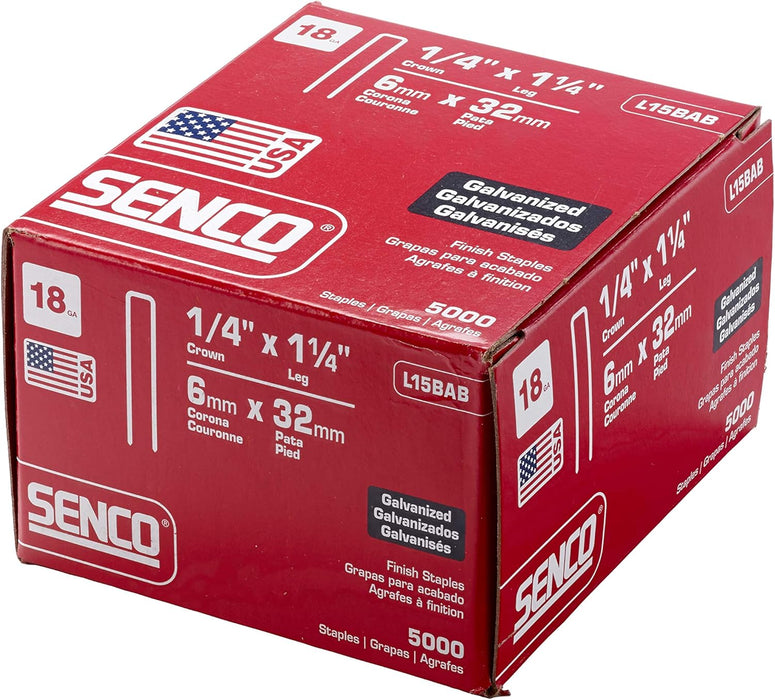 Senco Galvanized Steel Narrow Crown Finish Staples, 1-1/4" L x 1/4" W, 18 Gauge (5000 pk) - L15BAB