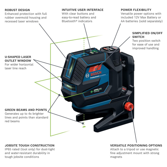BOSCH GCL165-82CGL 12V Max Connected Green-Beam Cross-Line Laser with Plumb Points, Bluetooth, IP65 Durability, 125 Ft Range, VisiMax Technology, Includes 12V Battery & Charger and Magnetic Mount