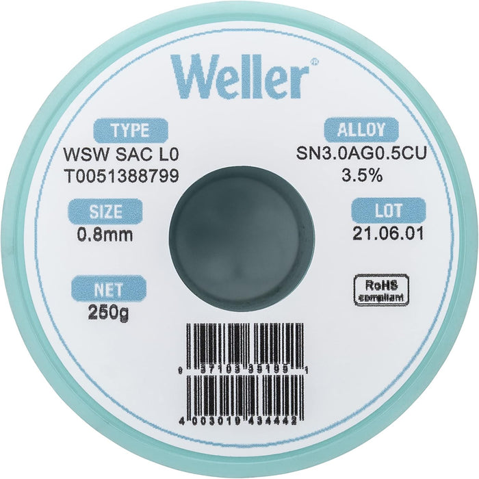 Weller WSW SAC L0 Lead-Free Solder Wire, 0.8 mm / 0.039 in Diameter, 500 g / 17.637 oz Weight, Sn96.5Ag3.0Cu0.5 Alloy, 3.5% Flux Content - (T0051386999)