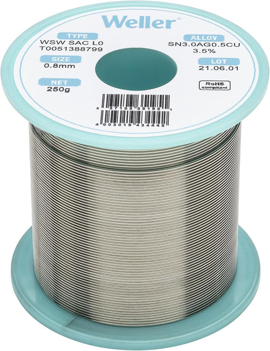 Weller WSW SAC L0 Lead-Free Solder Wire, 0.8 mm / 0.039 in Diameter, 500 g / 17.637 oz Weight, Sn96.5Ag3.0Cu0.5 Alloy, 3.5% Flux Content - (T0051386999)