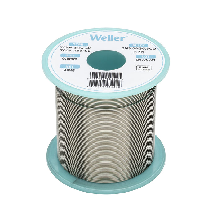 Weller WSW SAC L0 Lead-Free Solder Wire, 0.8 mm / 0.039 in Diameter, 500 g / 17.637 oz Weight, Sn96.5Ag3.0Cu0.5 Alloy, 3.5% Flux Content - (T0051386999)