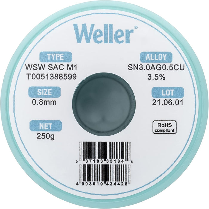 Weller WSW SAC M1 Lead-Free Solder Wire, 0.8 mm / 0.039 in Diameter, 250 g / 8.818 oz Weight, Sn96.5Ag3.0Cu0.5 Alloy, 3.5% Flux Content - T0051388599