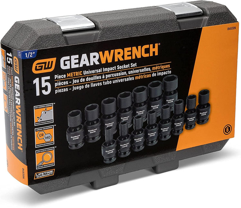 GEARWRENCH 1/2-Inch 6 Point Metric Universal Impact Socket Set (15 Piece) - 84939N