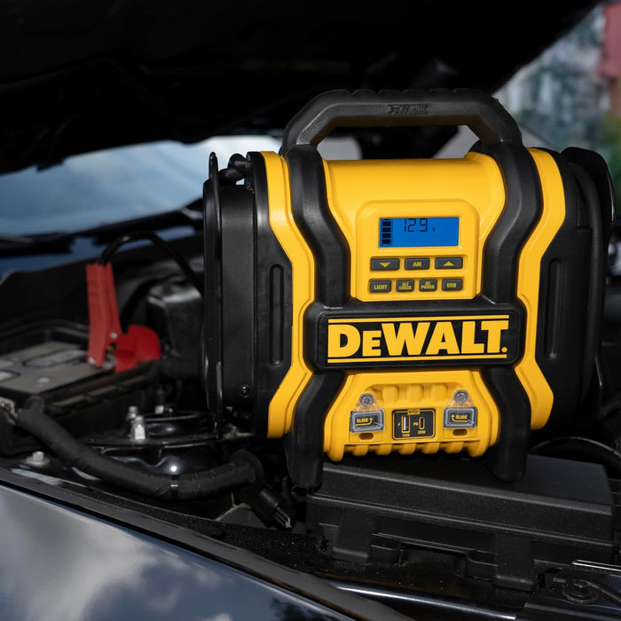 DEWALT DXAEPS14-Type2 2000 Peak Battery Amp 12V Automotive Battery Booster Jump Starter/Power Station with 120 PSI Compressor, 500W AC Power Inverter, and 15W USBa & 25W USB Ports 2000 Amp
