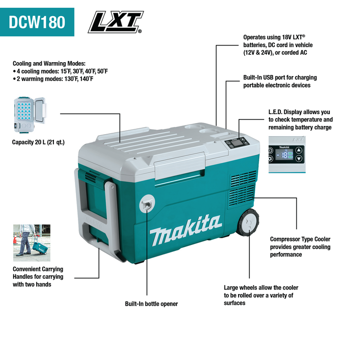 Makita (DCW180Z) 18V LXT Lithium-Ion 12V/24V DC Auto and AC Cooler/Warmer (Bare Tool)