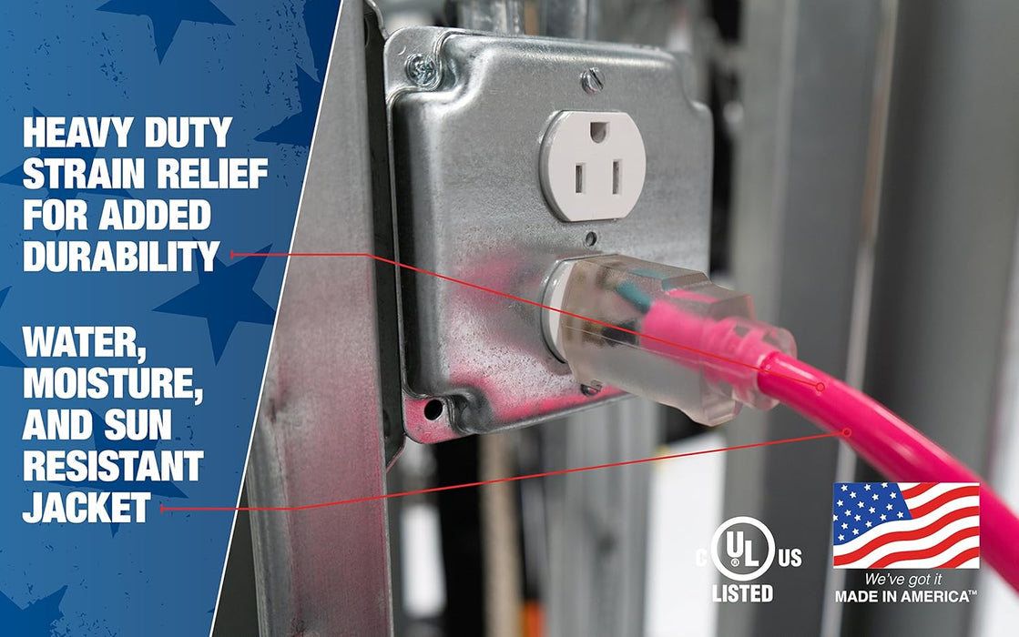 Southwire Heavy Duty Extension Cord, 50Ft, 12 Gauge, 3 Conductor, High Visibility Outdoor Cord, Lighted End, SJTW, Cool Pink - 2578SW000A