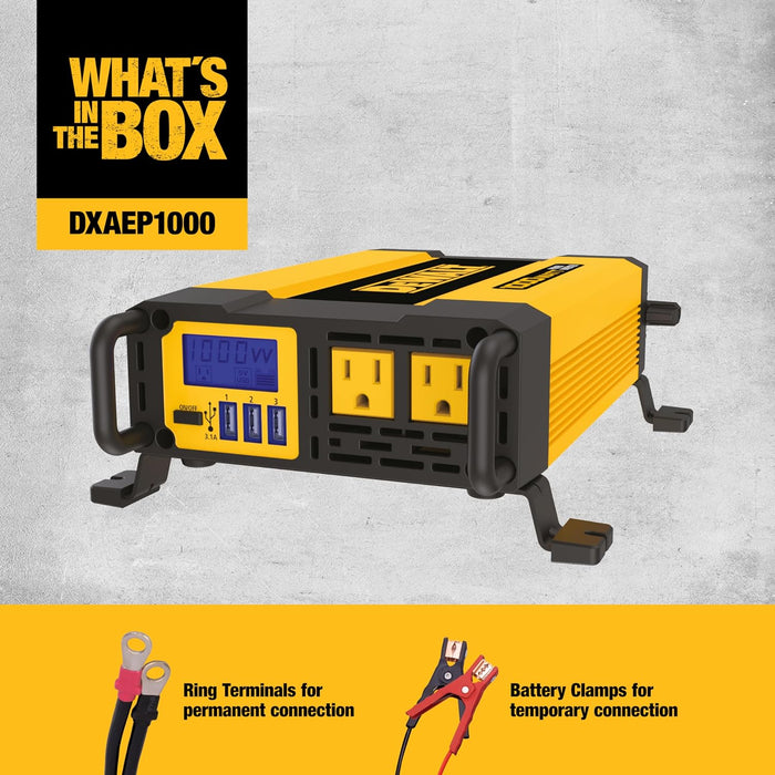 DEWALT DXAEPI1000 Power Inverter 1000W Car Converter with LCD Display: Dual 120V AC Outlets, 3.1A USB Ports, 12V DC Adapter, Battery Clamps