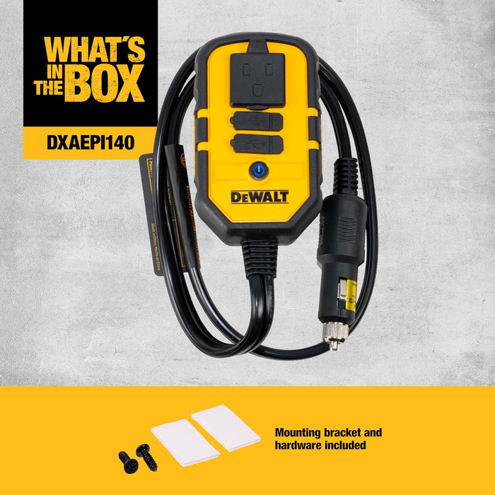 DEWALT DXAEPI140 Power Inverter 140W Car Converter: 12V DC to 120V AC Power Outlet with 25W USB Type C and 15W USB Type A Ports
