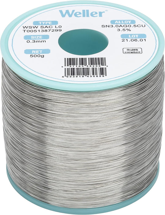 Weller WSW SAC L0 Lead Free Solder Wire, 0.3 mm / 0.012 in Diameter, 500 g / 17.637 oz Weight, Sn96.5Ag3.0Cu0.5 Alloy, 3.5% Flux Content - T0051387299