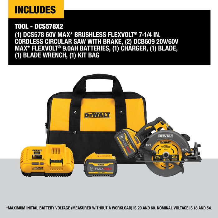 DeWALT DCS578X2 60V MAX FlexVolt 7-1/4 In. Circular Saw Kit with Brake Brushless