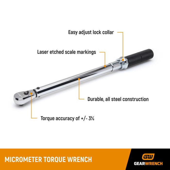 GEARWRENCH 3/8" Drive Micrometer Torque Wrench 30-250 in/lbs. - 85061