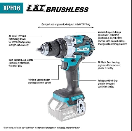 Makita XT296ST 18V LXT Brushless 2 Pc. Combo Kit, XPH16Z, XDT14Z, bag (5.0Ah) & FREE Makita T-90037