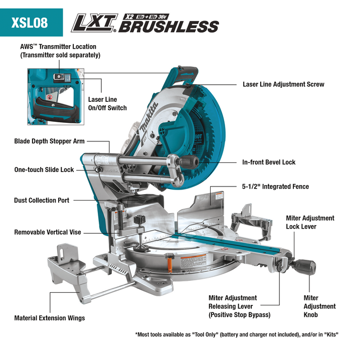 Makita (XSL08PT) 36V (18V X2) LXT Brushless 12" Dual‑Bevel Sliding Compound Miter Saw Kit, AWS Capable and Laser