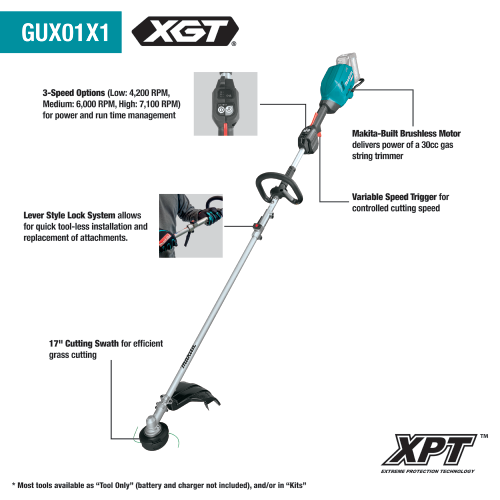 Makita (GUX01ZX1) 40V max XGT Brushless Cordless Couple Shaft Power Head with 17" String Trimmer Attachment, Tool Only