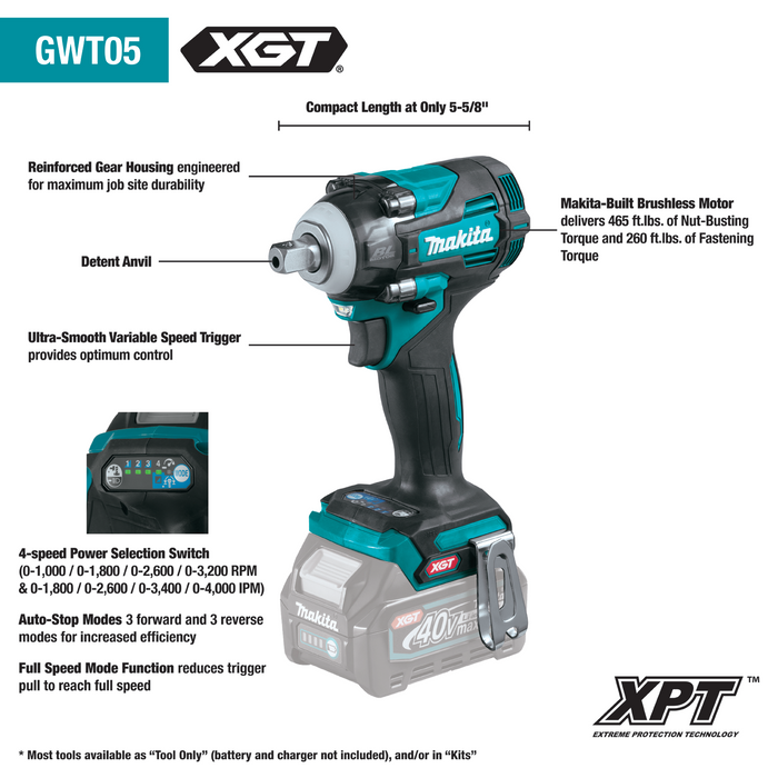 MAKITA (GWT05Z) 40V Max XGT Brushless Cordless 4‑Speed 1/2" Sq. Drive Impact Wrench w/ Detent Anvil (Bare Tool)