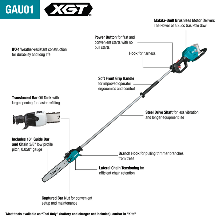 Makita (GAU01T) 40V MAX XGT Brushless Cordless 10" Pole Saw Kit, 8' Length (5.0Ah)