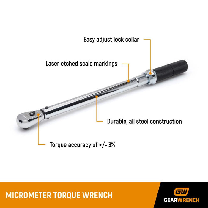 GEARWRENCH 3/8 In. Drive Micrometer Torque Wrench 10-100 ft/lbs -85062M