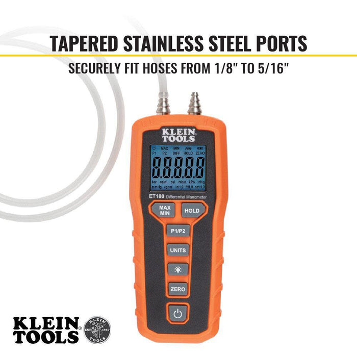 Klein Tools ET180 Digital Manometer, Air and Gas Pressure Tester, Differential Dual Port Pressure Gauge, Large LCD Display with Backlight