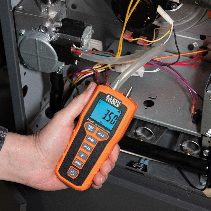Klein Tools ET180 Digital Manometer, Air and Gas Pressure Tester, Differential Dual Port Pressure Gauge, Large LCD Display with Backlight